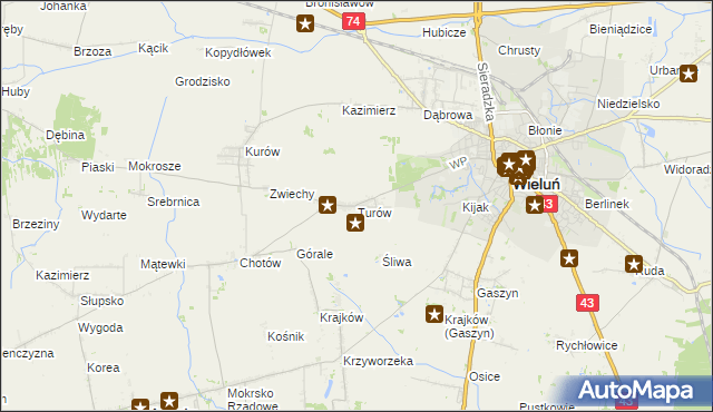 mapa Turów gmina Wieluń, Turów gmina Wieluń na mapie Targeo