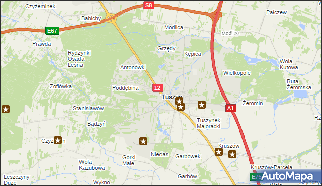 mapa Tuszyn powiat łódzki wschodni, Tuszyn powiat łódzki wschodni na mapie Targeo