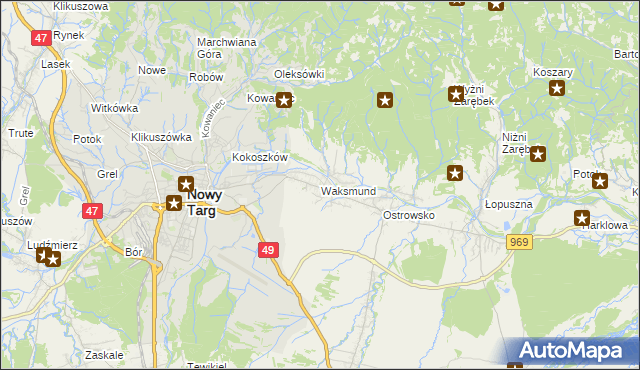 mapa Waksmund, Waksmund na mapie Targeo