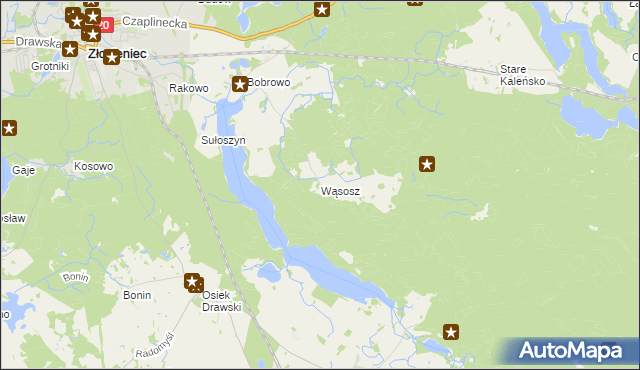 mapa Wąsosz gmina Złocieniec, Wąsosz gmina Złocieniec na mapie Targeo