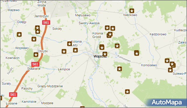 mapa Wąsosz powiat grajewski, Wąsosz powiat grajewski na mapie Targeo