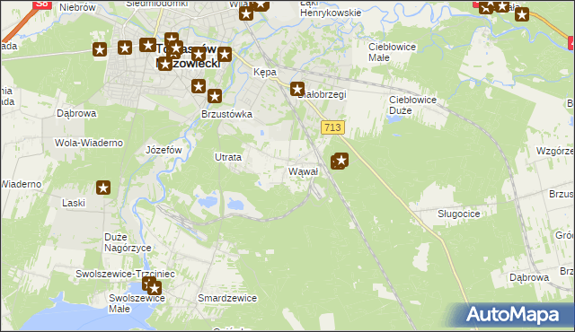 mapa Wąwał gmina Tomaszów Mazowiecki, Wąwał gmina Tomaszów Mazowiecki na mapie Targeo