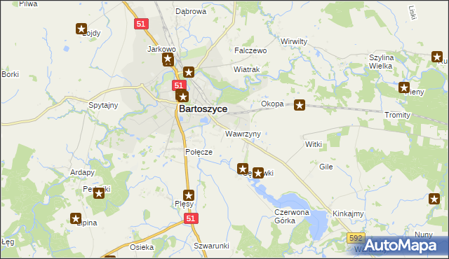 mapa Wawrzyny gmina Bartoszyce, Wawrzyny gmina Bartoszyce na mapie Targeo