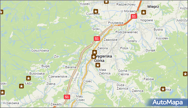 mapa Węgierska Górka, Węgierska Górka na mapie Targeo