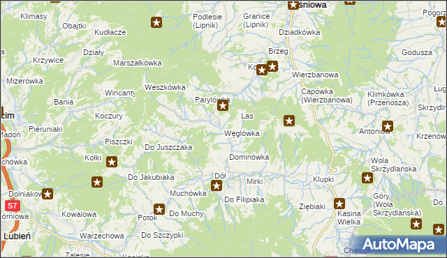 mapa Węglówka gmina Wiśniowa, Węglówka gmina Wiśniowa na mapie Targeo