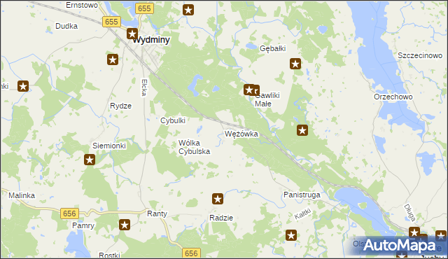 mapa Wężówka gmina Wydminy, Wężówka gmina Wydminy na mapie Targeo