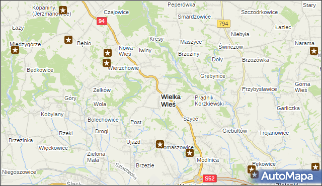 mapa Wielka Wieś powiat krakowski, Wielka Wieś powiat krakowski na mapie Targeo