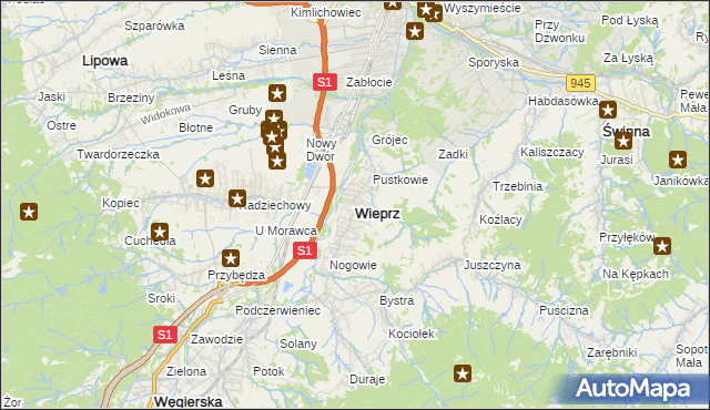 mapa Wieprz gmina Radziechowy-Wieprz, Wieprz gmina Radziechowy-Wieprz na mapie Targeo