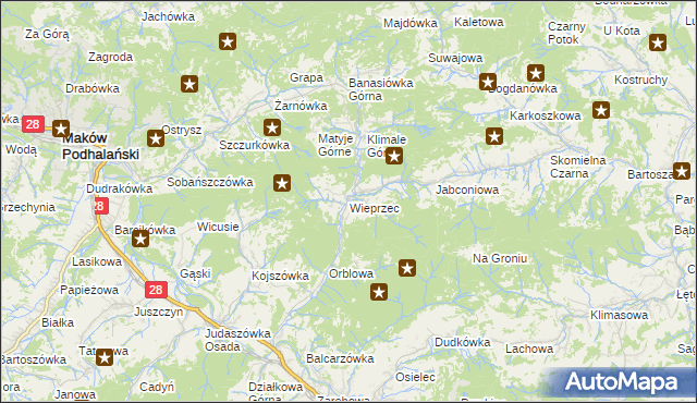 mapa Wieprzec gmina Maków Podhalański, Wieprzec gmina Maków Podhalański na mapie Targeo