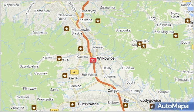 mapa Wilkowice powiat bielski, Wilkowice powiat bielski na mapie Targeo