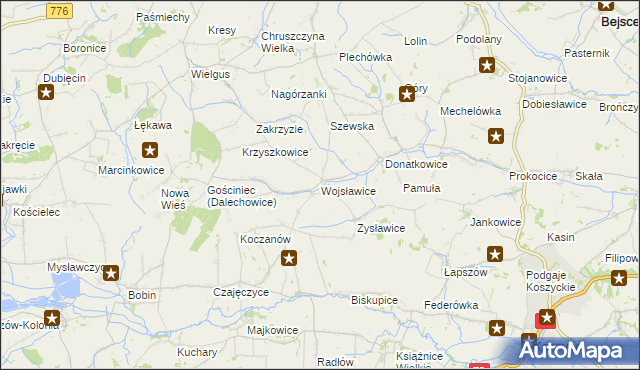 mapa Wojsławice gmina Kazimierza Wielka, Wojsławice gmina Kazimierza Wielka na mapie Targeo