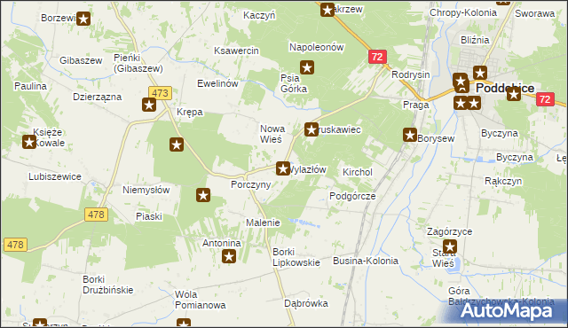 mapa Wylazłów gmina Poddębice, Wylazłów gmina Poddębice na mapie Targeo
