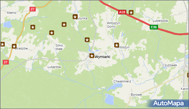 mapa Wymiarki powiat żagański, Wymiarki powiat żagański na mapie Targeo