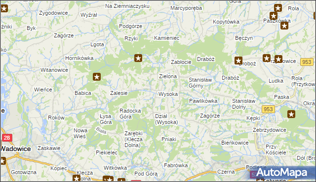 mapa Wysoka gmina Wadowice, Wysoka gmina Wadowice na mapie Targeo