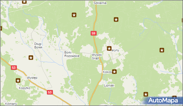 mapa Wysoki Grąd gmina Rozogi, Wysoki Grąd gmina Rozogi na mapie Targeo