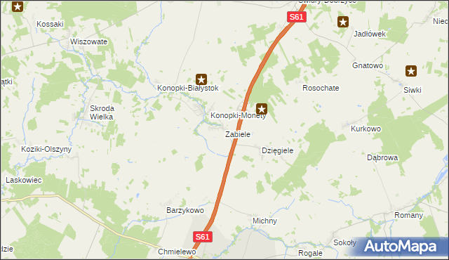 mapa Zabiele gmina Stawiski, Zabiele gmina Stawiski na mapie Targeo