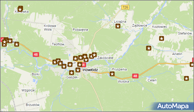 mapa Zakościele gmina Inowłódz, Zakościele gmina Inowłódz na mapie Targeo