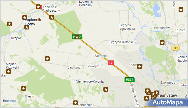 mapa Zakręcie gmina Krasnystaw, Zakręcie gmina Krasnystaw na mapie Targeo