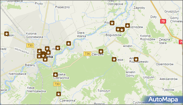 mapa Zakrzew gmina Grabów nad Pilicą, Zakrzew gmina Grabów nad Pilicą na mapie Targeo