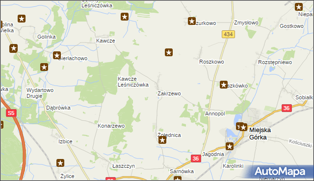 mapa Zakrzewo gmina Miejska Górka, Zakrzewo gmina Miejska Górka na mapie Targeo