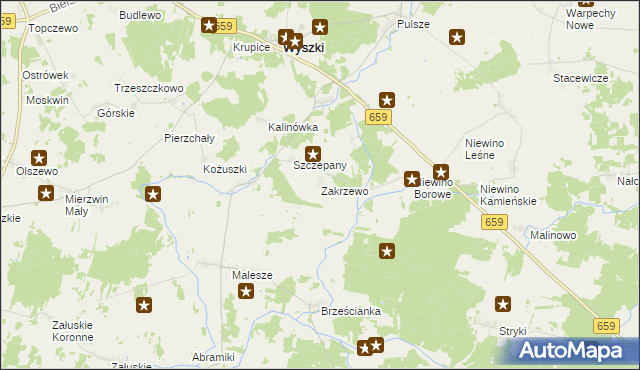 mapa Zakrzewo gmina Wyszki, Zakrzewo gmina Wyszki na mapie Targeo