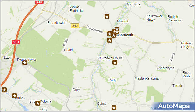 mapa Zakrzówek-Wieś gmina Zakrzówek, Zakrzówek-Wieś gmina Zakrzówek na mapie Targeo