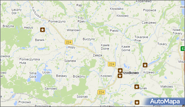 mapa Załęże gmina Przodkowo, Załęże gmina Przodkowo na mapie Targeo