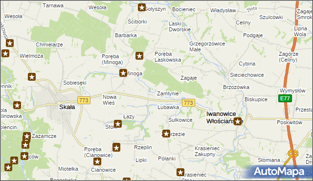 mapa Zamłynie gmina Skała, Zamłynie gmina Skała na mapie Targeo