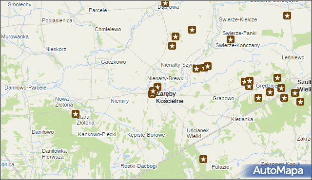 mapa Zaręby Kościelne, Zaręby Kościelne na mapie Targeo