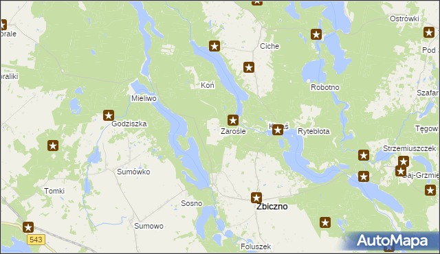 mapa Zarośle gmina Zbiczno, Zarośle gmina Zbiczno na mapie Targeo