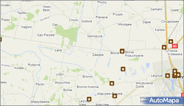 mapa Zawada gmina Łęczyca, Zawada gmina Łęczyca na mapie Targeo