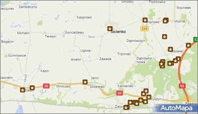 mapa Zawada gmina Sicienko, Zawada gmina Sicienko na mapie Targeo