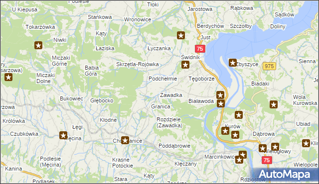 mapa Zawadka gmina Łososina Dolna, Zawadka gmina Łososina Dolna na mapie Targeo