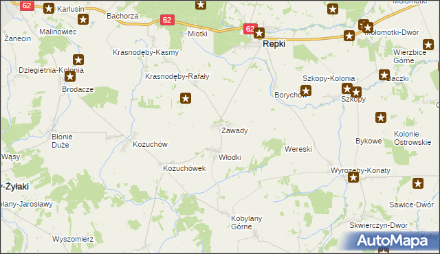 mapa Zawady gmina Repki, Zawady gmina Repki na mapie Targeo