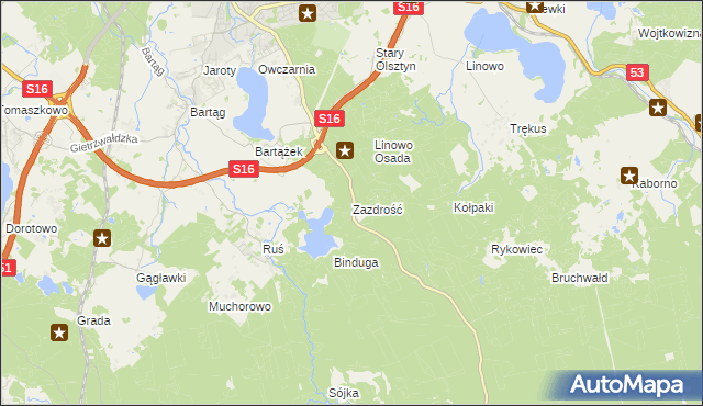 mapa Zazdrość gmina Stawiguda, Zazdrość gmina Stawiguda na mapie Targeo