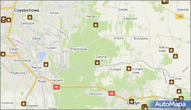 mapa Zielona Góra gmina Olsztyn, Zielona Góra gmina Olsztyn na mapie Targeo