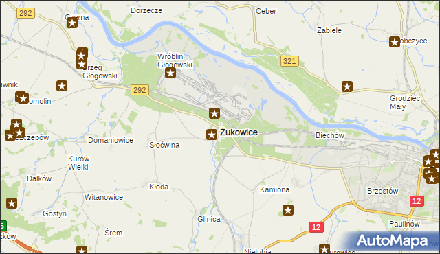 mapa Żukowice powiat głogowski, Żukowice powiat głogowski na mapie Targeo