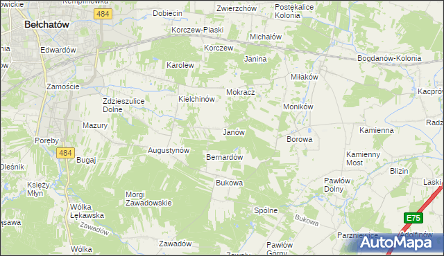 mapa Janów gmina Bełchatów, Janów gmina Bełchatów na mapie Targeo