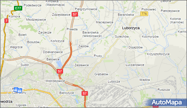 mapa Prusy gmina Kocmyrzów-Luborzyca, Prusy gmina Kocmyrzów-Luborzyca na mapie Targeo