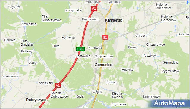 mapa Wojciechów gmina Gomunice, Wojciechów gmina Gomunice na mapie Targeo