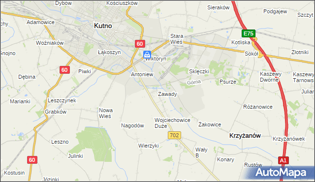 mapa Zawady gmina Krzyżanów, Zawady gmina Krzyżanów na mapie Targeo