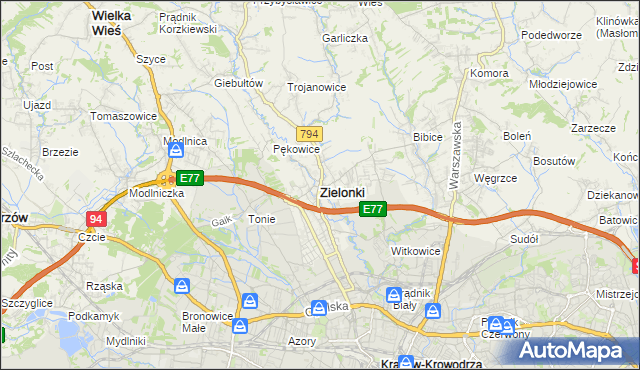 mapa Zielonki powiat krakowski, Zielonki powiat krakowski na mapie Targeo