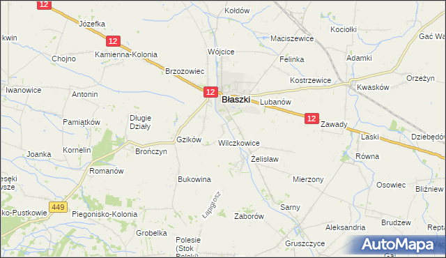 mapa Chrzanowice gmina Błaszki, Chrzanowice gmina Błaszki na mapie Targeo