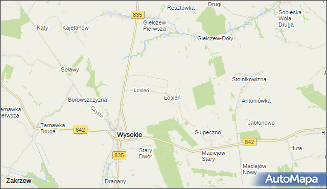 mapa Łosień gmina Wysokie, Łosień gmina Wysokie na mapie Targeo