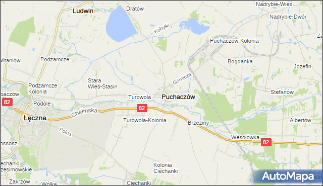 mapa Puchaczów powiat łęczyński, Puchaczów powiat łęczyński na mapie Targeo