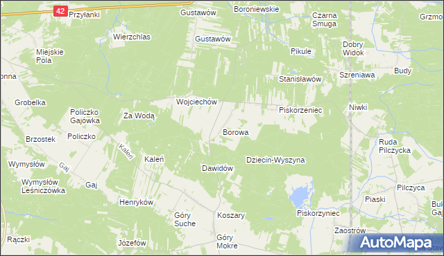 mapa Borowa gmina Przedbórz, Borowa gmina Przedbórz na mapie Targeo