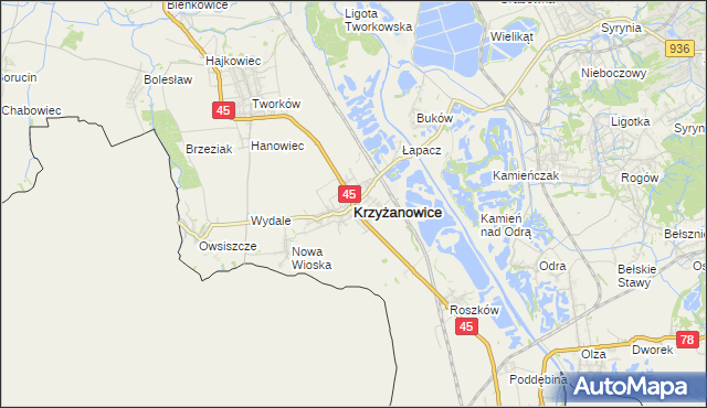 mapa Krzyżanowice powiat raciborski, Krzyżanowice powiat raciborski na mapie Targeo