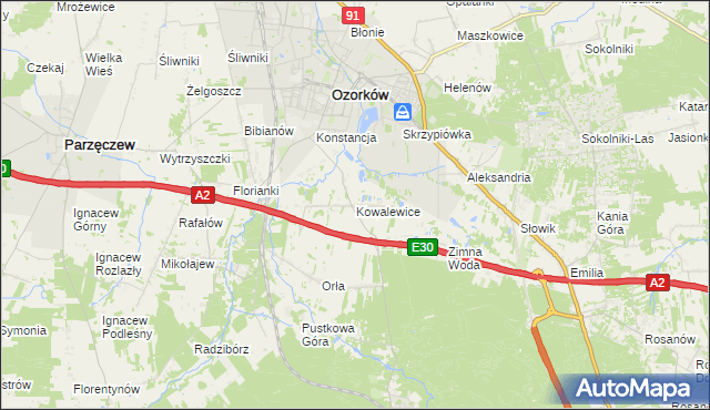 mapa Kowalewice gmina Parzęczew, Kowalewice gmina Parzęczew na mapie Targeo