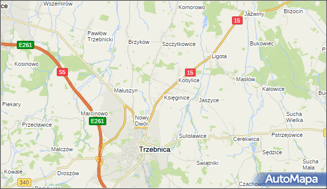 mapa Księginice gmina Trzebnica, Księginice gmina Trzebnica na mapie Targeo