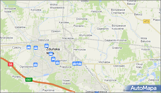 mapa Biały Ług gmina Zduńska Wola, Biały Ług gmina Zduńska Wola na mapie Targeo